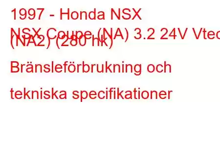 1997 - Honda NSX
NSX Coupe (NA) 3.2 24V Vtec (NA2) (280 hk) Bränsleförbrukning och tekniska specifikationer