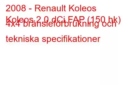 2008 - Renault Koleos
Koleos 2.0 dCi FAP (150 hk) 4x4 bränsleförbrukning och tekniska specifikationer