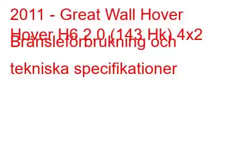 2011 - Great Wall Hover
Hover H6 2.0 (143 Hk) 4x2 Bränsleförbrukning och tekniska specifikationer