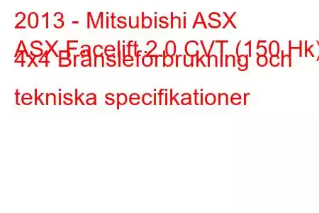 2013 - Mitsubishi ASX
ASX Facelift 2.0 CVT (150 Hk) 4x4 Bränsleförbrukning och tekniska specifikationer