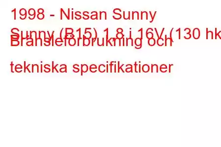 1998 - Nissan Sunny
Sunny (B15) 1,8 i 16V (130 hk) Bränsleförbrukning och tekniska specifikationer