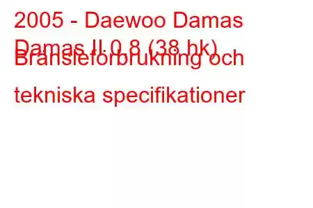 2005 - Daewoo Damas
Damas II 0,8 (38 hk) Bränsleförbrukning och tekniska specifikationer