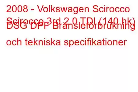 2008 - Volkswagen Scirocco
Scirocco 3rd 2.0 TDI (140 hk) DSG DPF Bränsleförbrukning och tekniska specifikationer