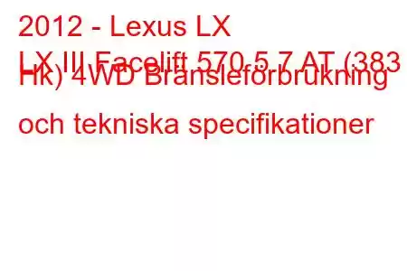 2012 - Lexus LX
LX III Facelift 570 5.7 AT (383 Hk) 4WD Bränsleförbrukning och tekniska specifikationer