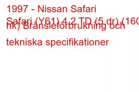 1997 - Nissan Safari
Safari (Y61) 4.2 TD (5 dr) (160 hk) Bränsleförbrukning och tekniska specifikationer