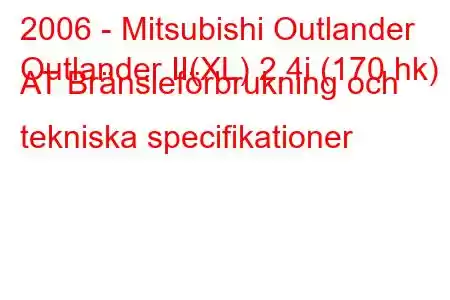 2006 - Mitsubishi Outlander
Outlander II(XL) 2.4i (170 hk) AT Bränsleförbrukning och tekniska specifikationer