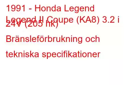 1991 - Honda Legend
Legend II Coupe (KA8) 3.2 i 24V (205 hk) Bränsleförbrukning och tekniska specifikationer