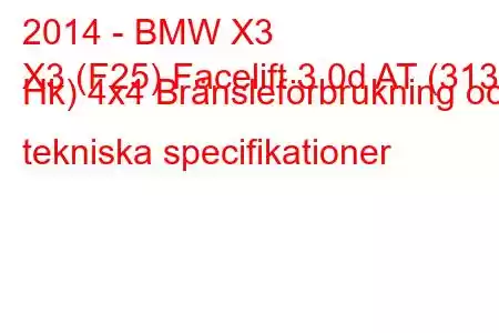 2014 - BMW X3
X3 (F25) Facelift 3.0d AT (313 Hk) 4x4 Bränsleförbrukning och tekniska specifikationer