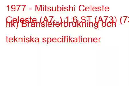 1977 - Mitsubishi Celeste
Celeste (A7_) 1.6 ST (A73) (73 hk) Bränsleförbrukning och tekniska specifikationer