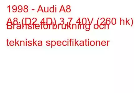 1998 - Audi A8
A8 (D2,4D) 3,7 40V (260 hk) Bränsleförbrukning och tekniska specifikationer