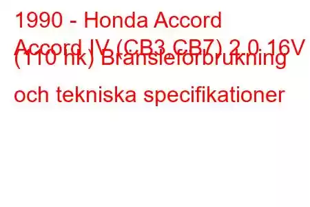 1990 - Honda Accord
Accord IV (CB3,CB7) 2.0 16V (110 hk) Bränsleförbrukning och tekniska specifikationer