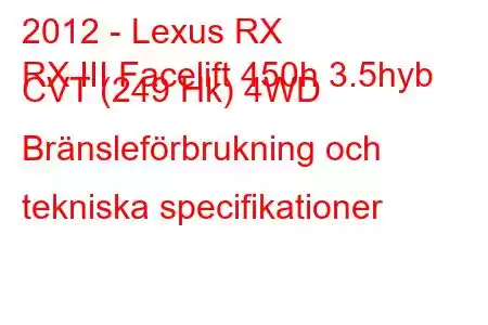 2012 - Lexus RX
RX III Facelift 450h 3.5hyb CVT (249 Hk) 4WD Bränsleförbrukning och tekniska specifikationer