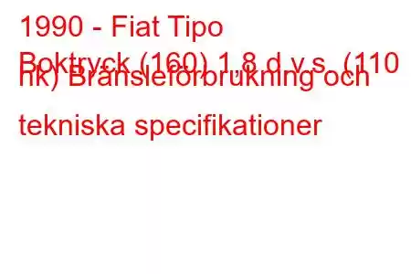 1990 - Fiat Tipo
Boktryck (160) 1,8 d.v.s. (110 hk) Bränsleförbrukning och tekniska specifikationer