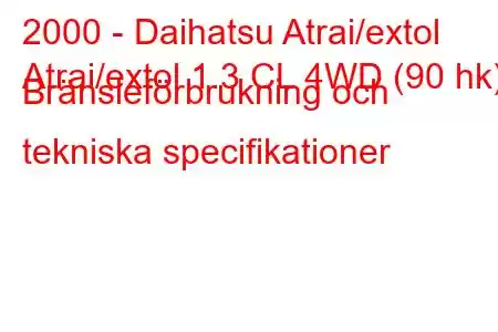 2000 - Daihatsu Atrai/extol
Atrai/extol 1.3 CL 4WD (90 hk) Bränsleförbrukning och tekniska specifikationer