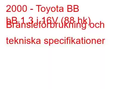 2000 - Toyota BB
bB 1.3 i 16V (88 hk) Bränsleförbrukning och tekniska specifikationer