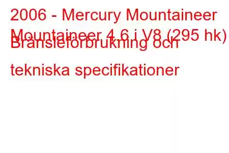 2006 - Mercury Mountaineer
Mountaineer 4.6 i V8 (295 hk) Bränsleförbrukning och tekniska specifikationer