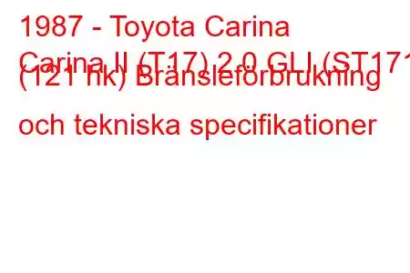 1987 - Toyota Carina
Carina II (T17) 2.0 GLI (ST171) (121 hk) Bränsleförbrukning och tekniska specifikationer