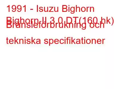 1991 - Isuzu Bighorn
Bighorn II 3.0 DT(160 hk) Bränsleförbrukning och tekniska specifikationer