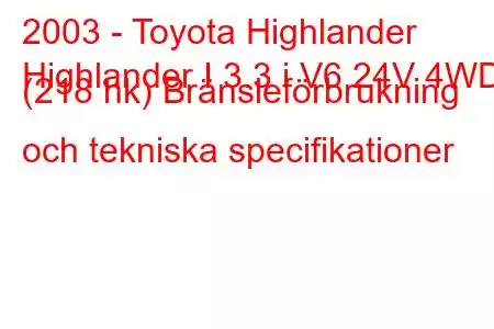 2003 - Toyota Highlander
Highlander I 3.3 i V6 24V 4WD (218 hk) Bränsleförbrukning och tekniska specifikationer