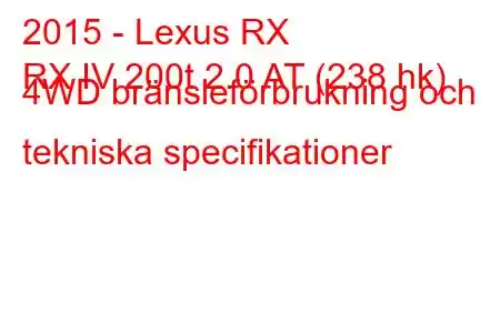 2015 - Lexus RX
RX IV 200t 2.0 AT (238 hk) 4WD bränsleförbrukning och tekniska specifikationer