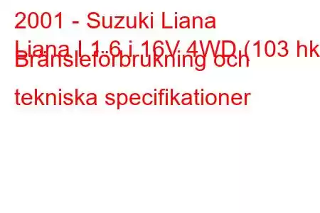 2001 - Suzuki Liana
Liana I 1.6 i 16V 4WD (103 hk) Bränsleförbrukning och tekniska specifikationer