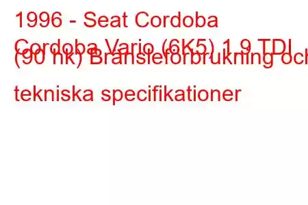 1996 - Seat Cordoba
Cordoba Vario (6K5) 1.9 TDI (90 hk) Bränsleförbrukning och tekniska specifikationer