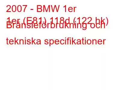 2007 - BMW 1er
1er (E81) 118d (122 hk) Bränsleförbrukning och tekniska specifikationer