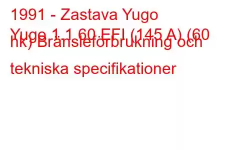 1991 - Zastava Yugo
Yugo 1.1 60 EFI (145 A) (60 hk) Bränsleförbrukning och tekniska specifikationer