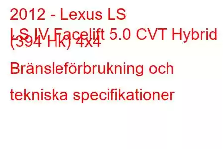 2012 - Lexus LS
LS IV Facelift 5.0 CVT Hybrid (394 Hk) 4x4 Bränsleförbrukning och tekniska specifikationer