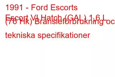 1991 - Ford Escorts
Escort VI Hatch (GAL) 1,6 L (76 Hk) Bränsleförbrukning och tekniska specifikationer