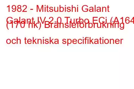 1982 - Mitsubishi Galant
Galant IV 2.0 Turbo ECi (A164) (170 hk) Bränsleförbrukning och tekniska specifikationer