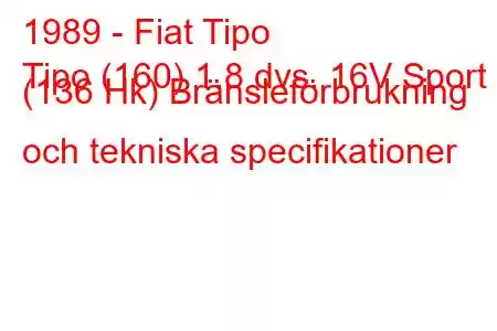 1989 - Fiat Tipo
Tipo (160) 1.8 dvs. 16V Sport (136 Hk) Bränsleförbrukning och tekniska specifikationer