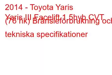 2014 - Toyota Yaris
Yaris III Facelift 1.5hyb CVT (76 hk) Bränsleförbrukning och tekniska specifikationer