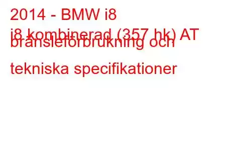 2014 - BMW i8
i8 kombinerad (357 hk) AT bränsleförbrukning och tekniska specifikationer