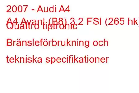 2007 - Audi A4
A4 Avant (B8) 3.2 FSI (265 hk) Quattro tiptronic Bränsleförbrukning och tekniska specifikationer