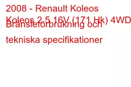 2008 - Renault Koleos
Koleos 2.5 16V (171 Hk) 4WD Bränsleförbrukning och tekniska specifikationer