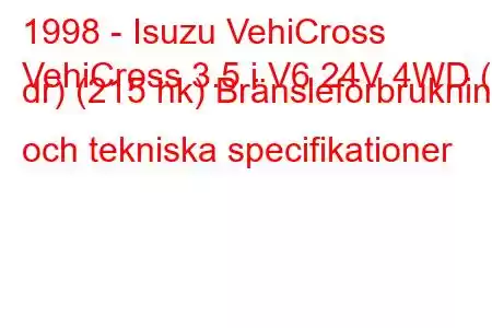 1998 - Isuzu VehiCross
VehiCross 3.5 i V6 24V 4WD (3 dr) (215 hk) Bränsleförbrukning och tekniska specifikationer