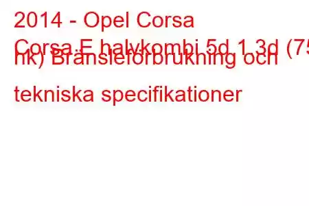 2014 - Opel Corsa
Corsa E halvkombi 5d 1.3d (75 hk) Bränsleförbrukning och tekniska specifikationer