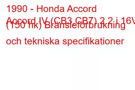 1990 - Honda Accord
Accord IV (CB3,CB7) 2.2 i 16V (150 hk) Bränsleförbrukning och tekniska specifikationer