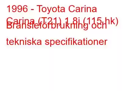 1996 - Toyota Carina
Carina (T21) 1.8i (115 hk) Bränsleförbrukning och tekniska specifikationer