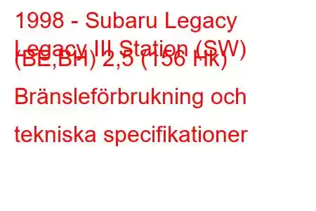 1998 - Subaru Legacy
Legacy III Station (SW) (BE,BH) 2,5 (156 Hk) Bränsleförbrukning och tekniska specifikationer