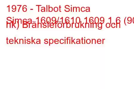 1976 - Talbot Simca
Simca 1609/1610 1609 1,6 (90 hk) Bränsleförbrukning och tekniska specifikationer