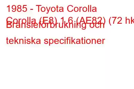 1985 - Toyota Corolla
Corolla (E8) 1.6 (AE82) (72 hk) Bränsleförbrukning och tekniska specifikationer