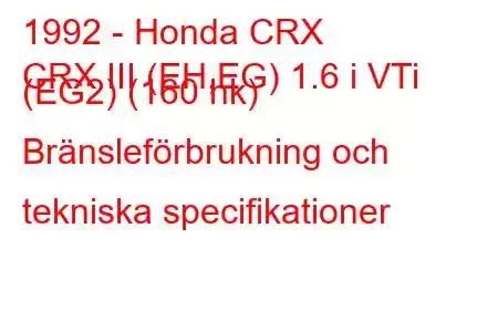 1992 - Honda CRX
CRX III (EH,EG) 1.6 i VTi (EG2) (160 hk) Bränsleförbrukning och tekniska specifikationer