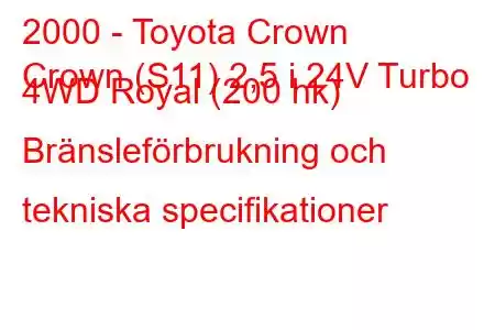 2000 - Toyota Crown
Crown (S11) 2,5 i 24V Turbo 4WD Royal (200 hk) Bränsleförbrukning och tekniska specifikationer