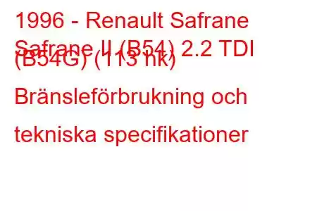 1996 - Renault Safrane
Safrane II (B54) 2.2 TDI (B54G) (113 hk) Bränsleförbrukning och tekniska specifikationer