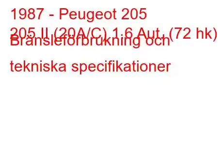 1987 - Peugeot 205
205 II (20A/C) 1.6 Aut. (72 hk) Bränsleförbrukning och tekniska specifikationer