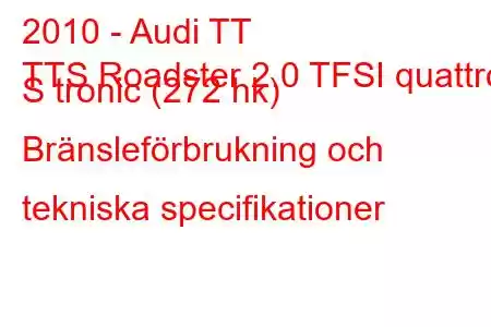 2010 - Audi TT
TTS Roadster 2.0 TFSI quattro S tronic (272 hk) Bränsleförbrukning och tekniska specifikationer