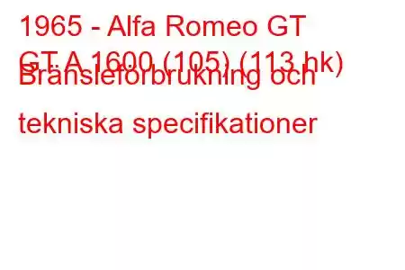 1965 - Alfa Romeo GT
GT A 1600 (105) (113 hk) Bränsleförbrukning och tekniska specifikationer