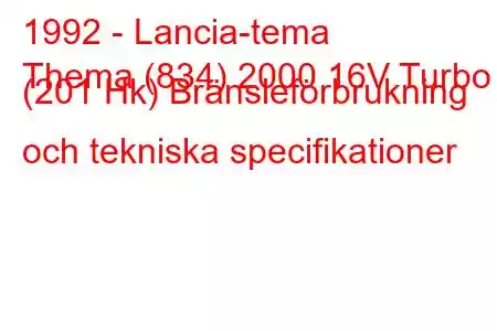 1992 - Lancia-tema
Thema (834) 2000 16V Turbo (201 Hk) Bränsleförbrukning och tekniska specifikationer